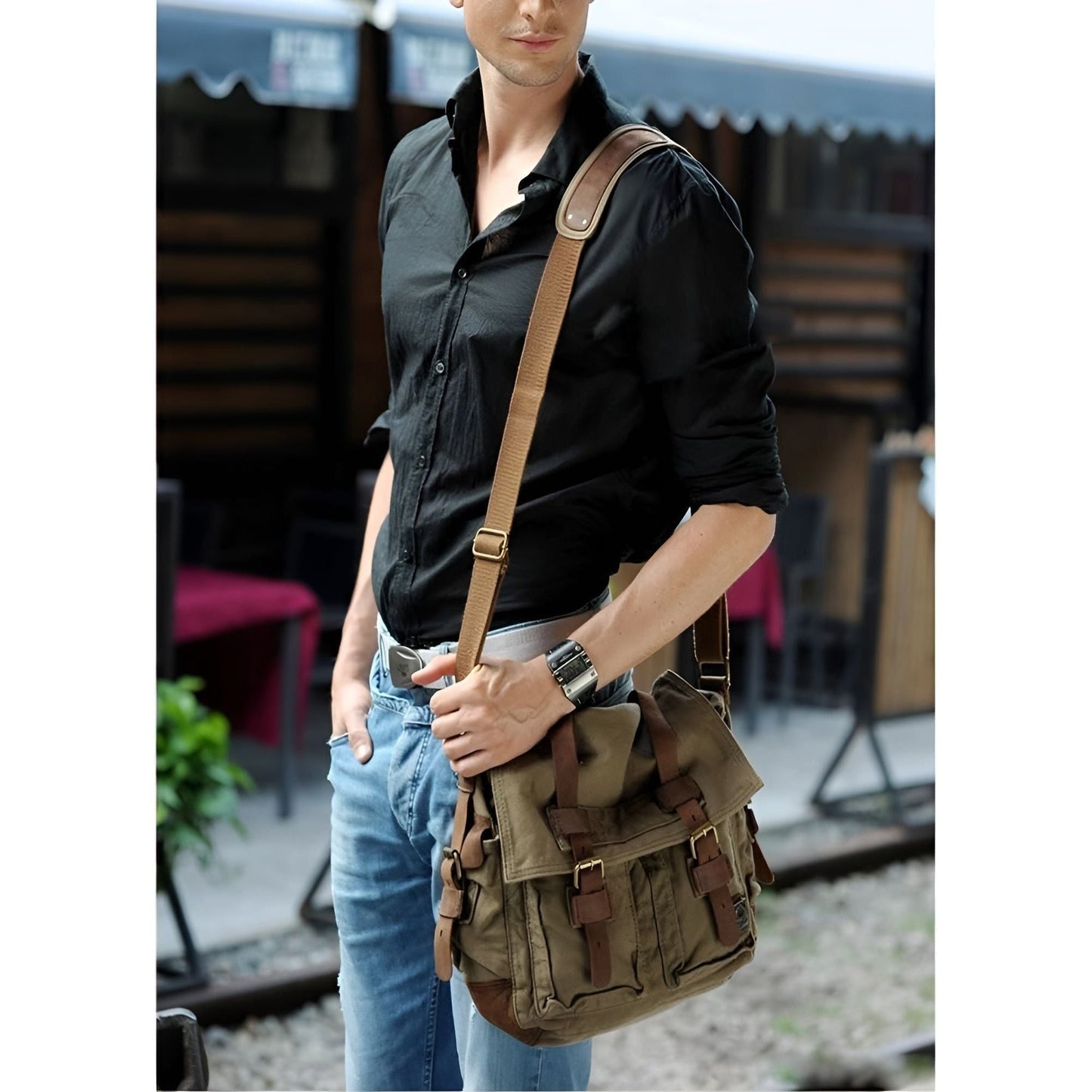 Niopia – Men’s Vintage Canvas Messenger Bag with PU Leather Accents